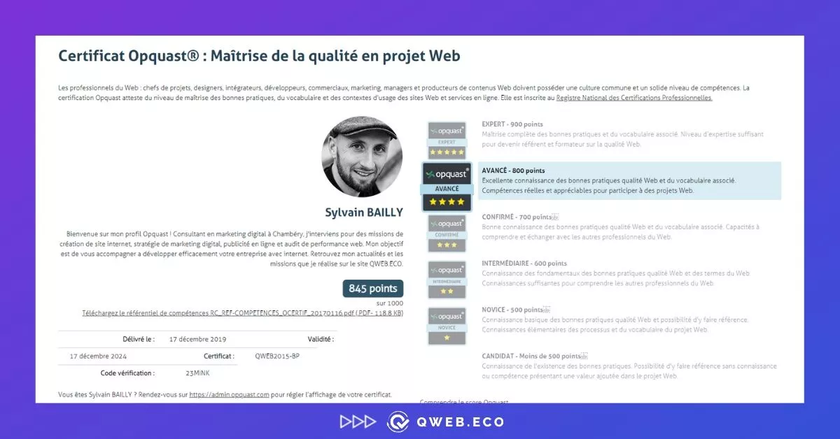 Certification Google Analytics de Sylvain Bailly pour QWEB.ECO en image